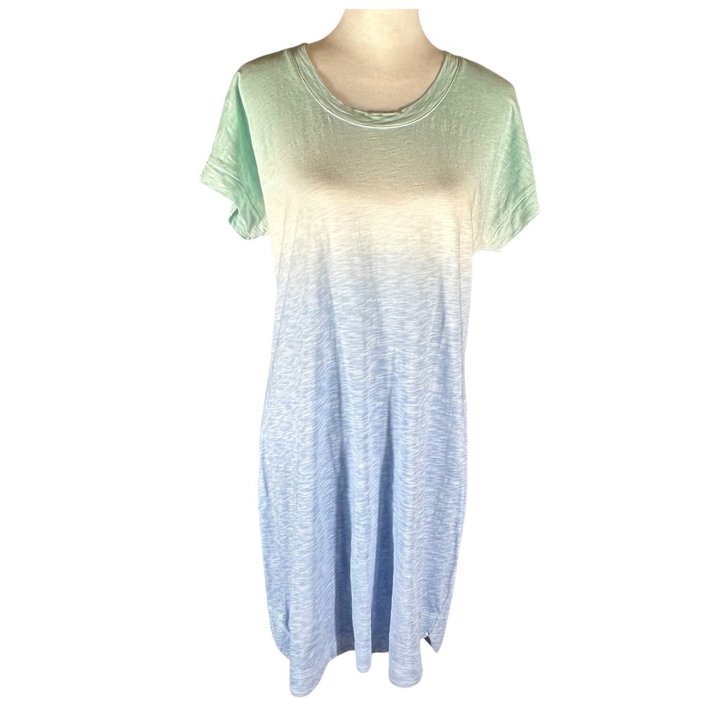 T by Talbots T-Shirt Dress Women Medium Blue Green Ombre Cotton Slub Short Slv